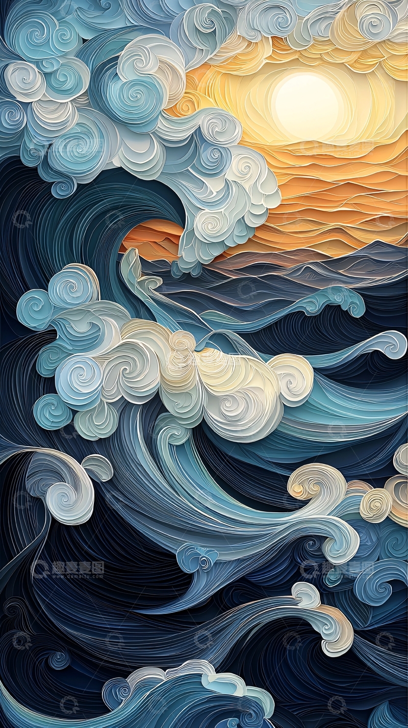 高清大图下载【趣麦麦图】海浪翻滚的太阳