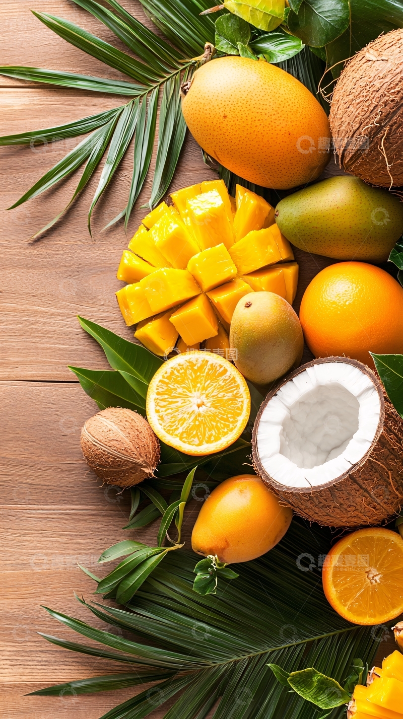 高清大图下载【趣麦麦图】热带水果与棕榈叶静物