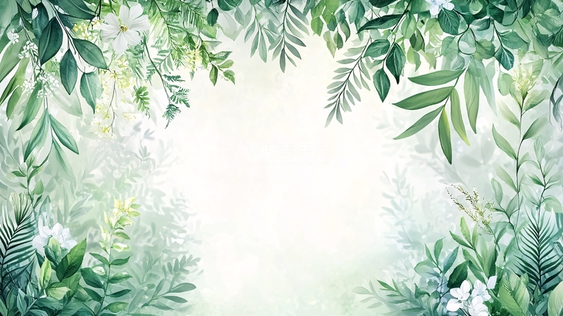 高清大图下载【趣麦麦图】清新绿叶环绕留白背景
