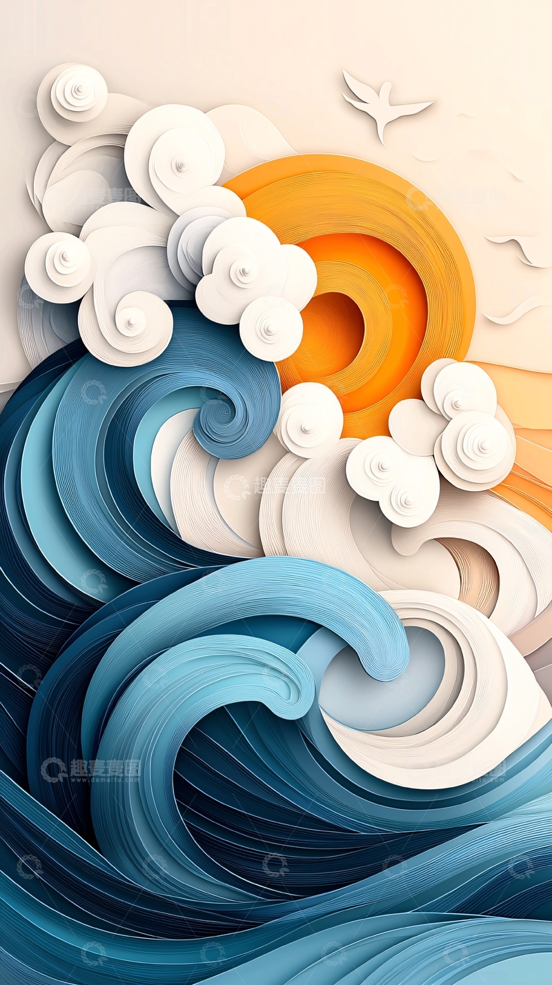 高清大图下载【趣麦麦图】波涛汹涌的海洋剪纸风