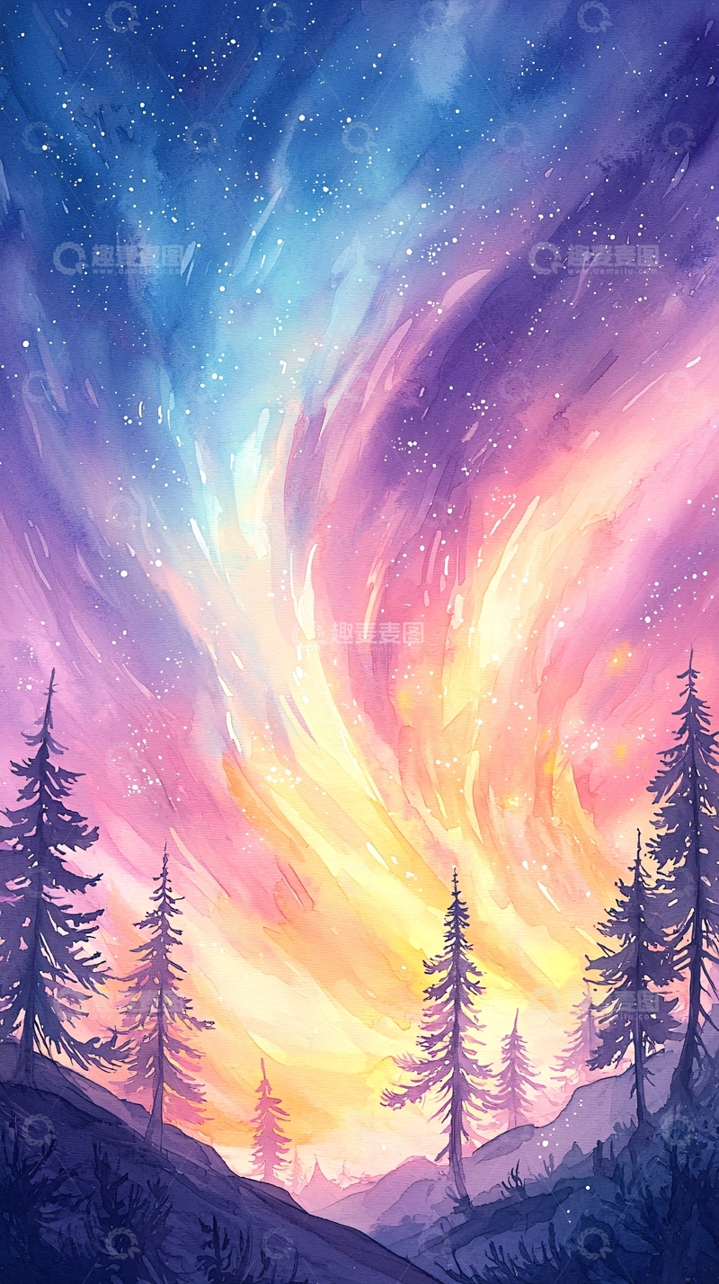 高清大图下载【趣麦麦图】绚丽星空下的森林画作