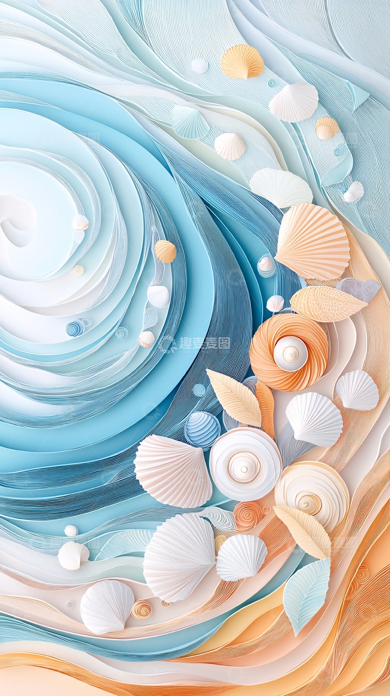 高清大图下载【趣麦麦图】蓝色海浪与贝壳的艺术