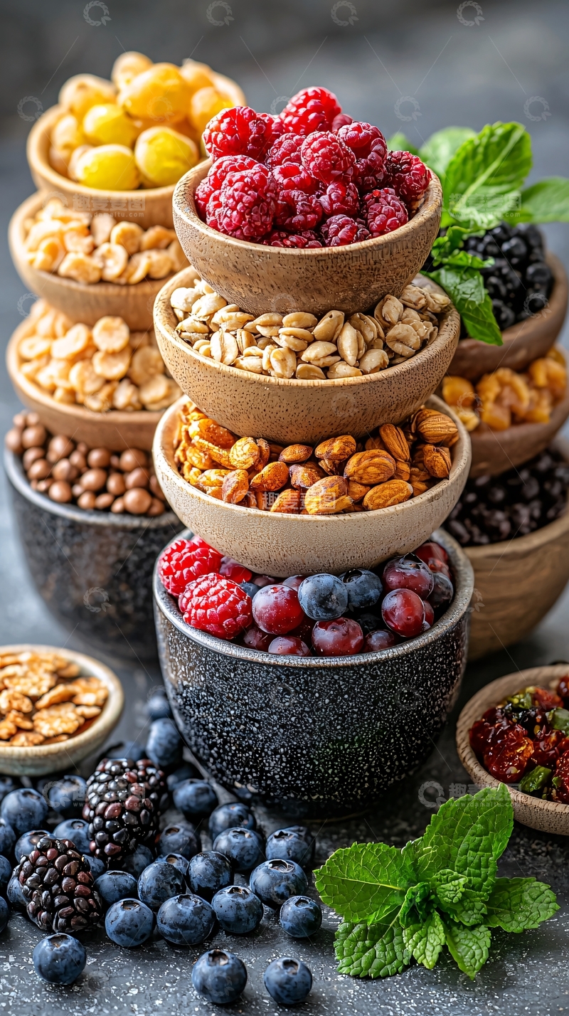 高清大图下载【趣麦麦图】小碗堆叠的混合坚果浆果