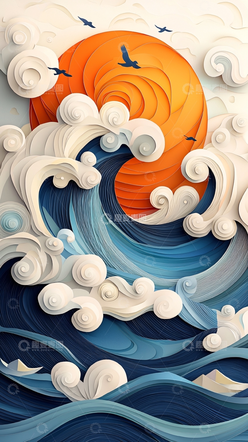 高清大图下载【趣麦麦图】海浪与太阳的剪纸艺术