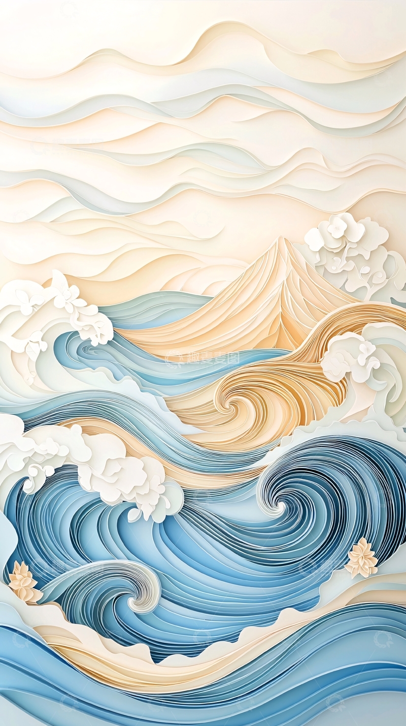 高清大图下载【趣麦麦图】波涛汹涌的山水剪纸风