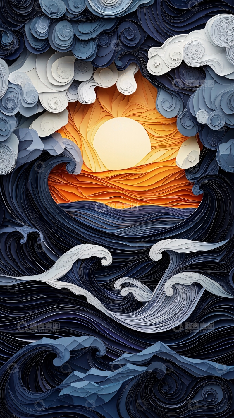 高清大图下载【趣麦麦图】海浪翻滚的日落美景