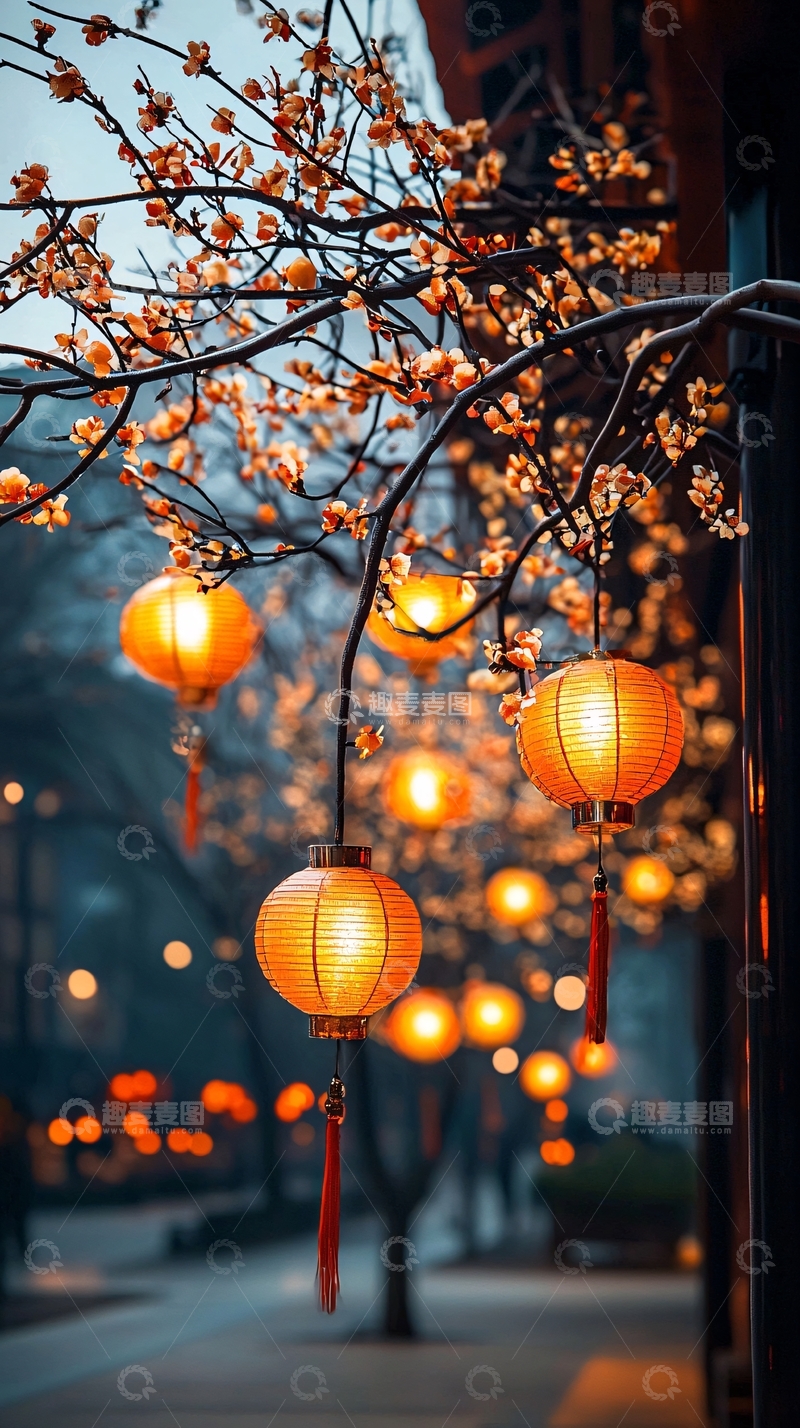 高清大图下载【趣麦麦图】新年灯笼树枝夜景