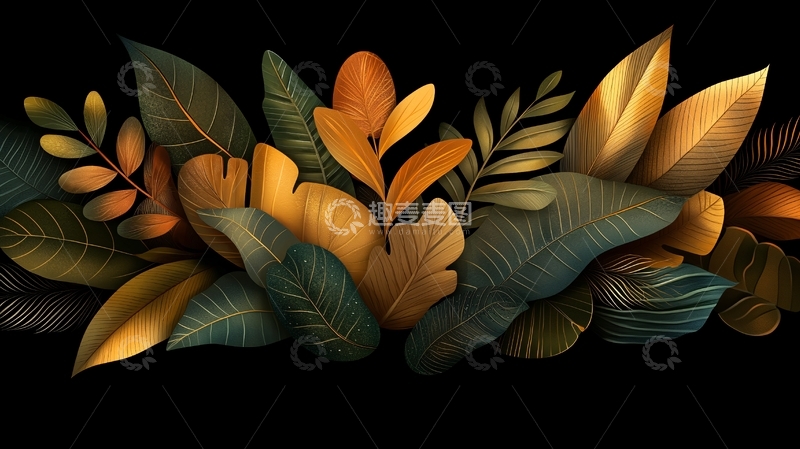 高清大图下载【趣麦麦图】深色背景下的彩色树叶图案