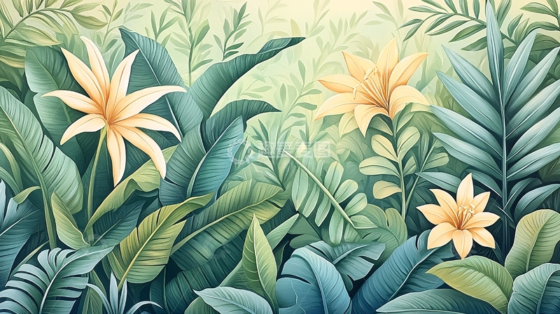 高清大图下载【趣麦麦图】花朵和绿叶的丛林背景