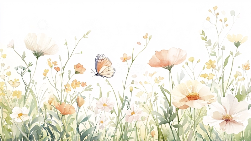 高清大图下载【趣麦麦图】淡雅花卉蝴蝶水彩背景