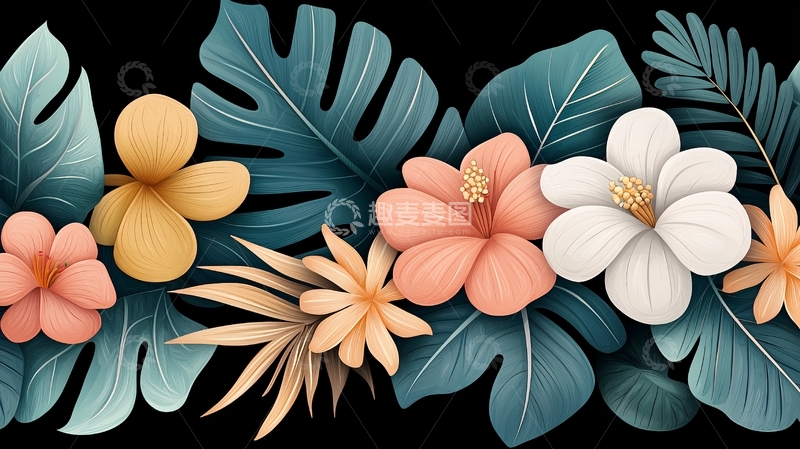 高清大图下载【趣麦麦图】热带花卉绿叶背景装饰
