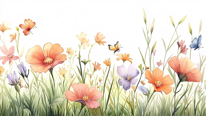 高清大图下载【趣麦麦图】水彩花卉与蝴蝶