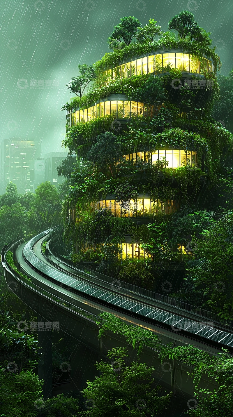 高清大图下载【趣麦麦图】绿色植被覆盖的未来建筑