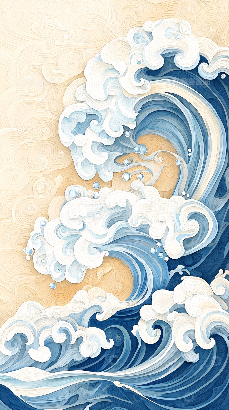 高清大图下载【趣麦麦图】水墨风蓝色波涛汹涌的浪花