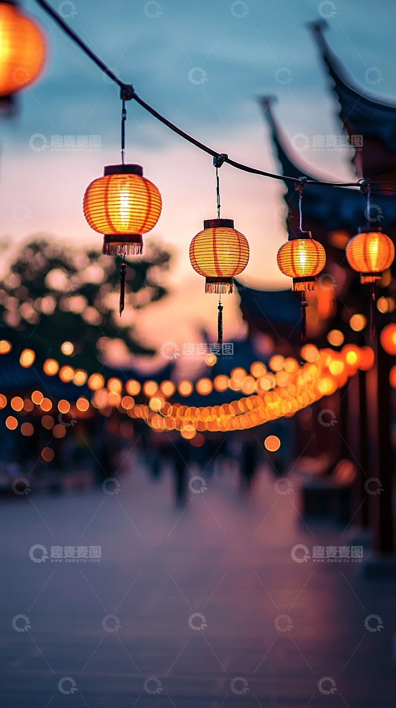 高清大图下载【趣麦麦图】夜晚的街道灯笼高挂