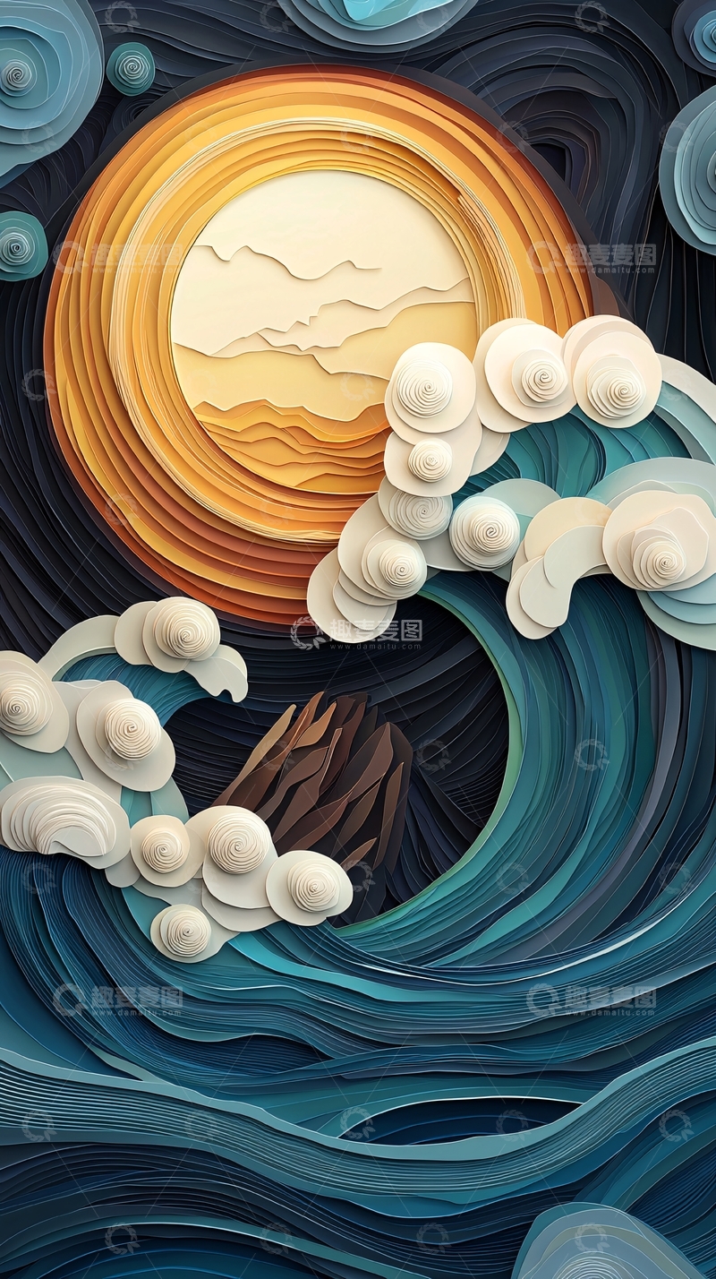 高清大图下载【趣麦麦图】海浪明月艺术纸雕