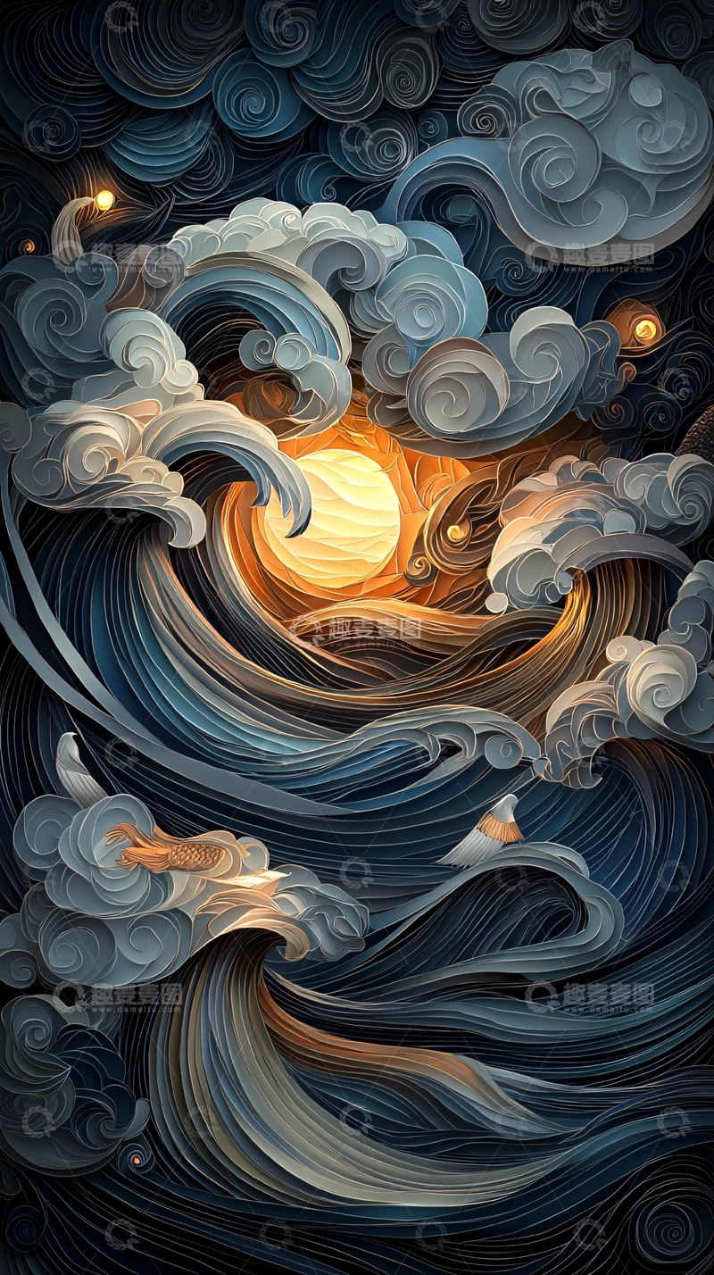 高清大图下载【趣麦麦图】波涛汹涌的月夜场景