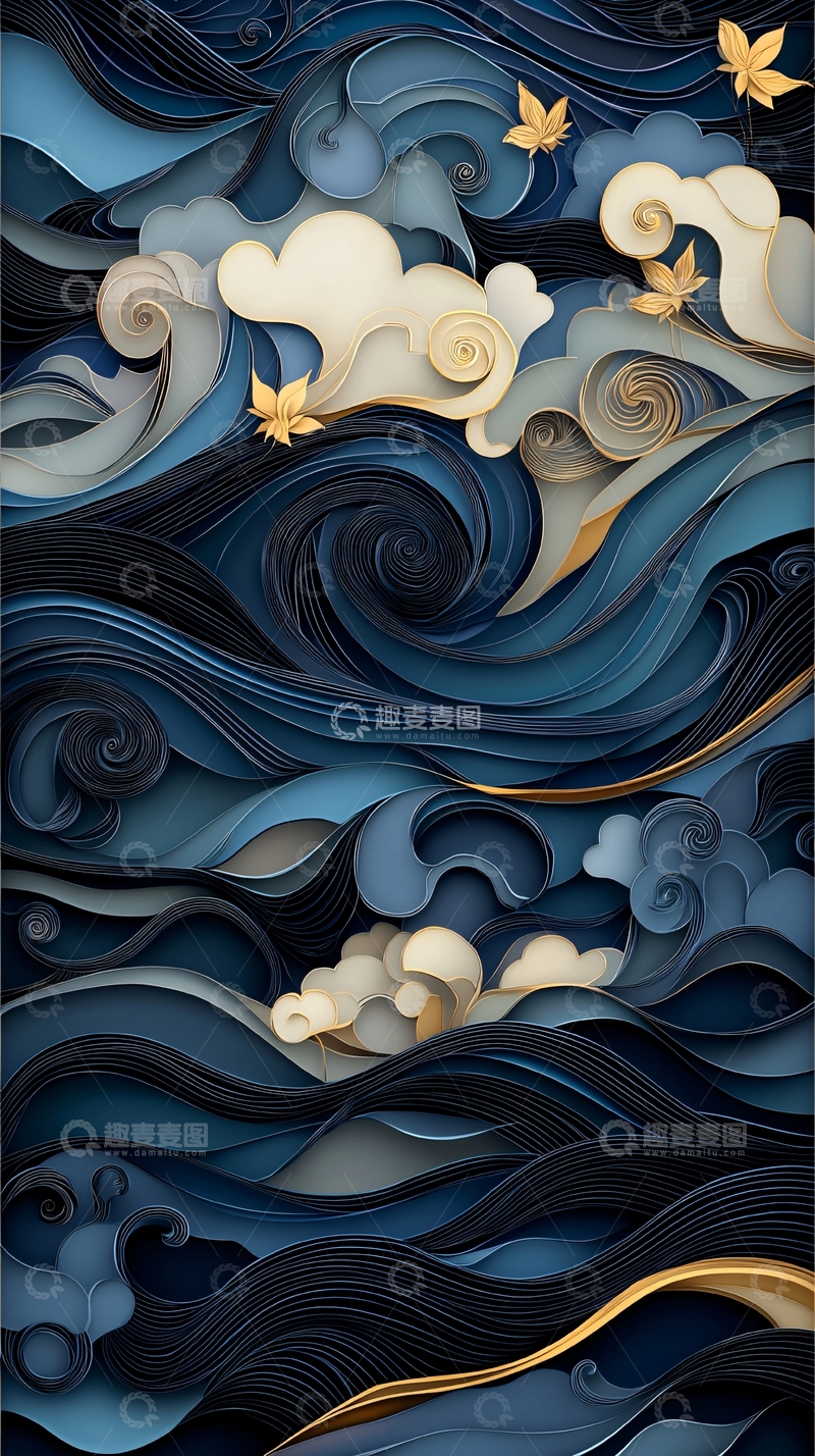 高清大图下载【趣麦麦图】蓝色波浪云朵与金色点缀