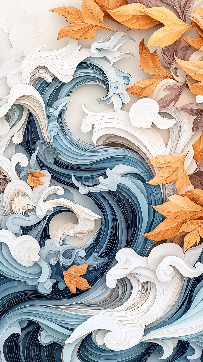高清大图下载【趣麦麦图】蓝色海浪与秋叶的艺术