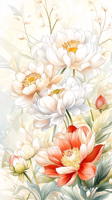 白色和橙色牡丹花水彩画