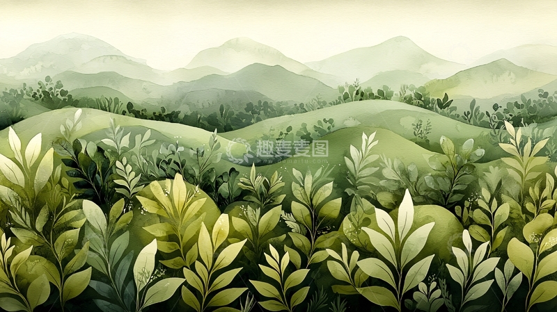 高清大图下载【趣麦麦图】绿色山丘植物水彩画