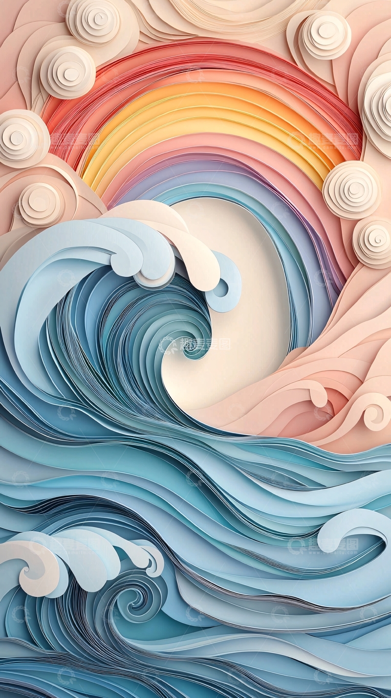 高清大图下载【趣麦麦图】纸艺波浪彩虹风景
