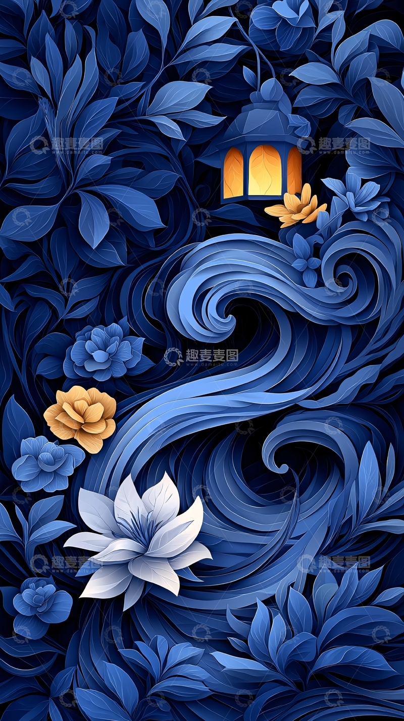 高清大图下载【趣麦麦图】蓝色花朵灯笼自然