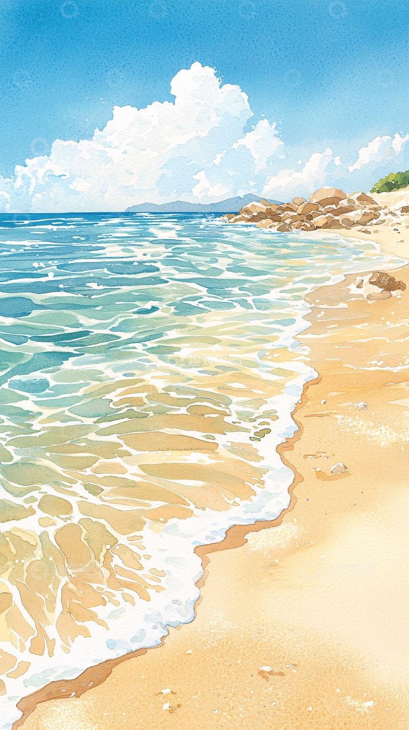 高清大图下载【趣麦麦图】水彩风格的海滩风景