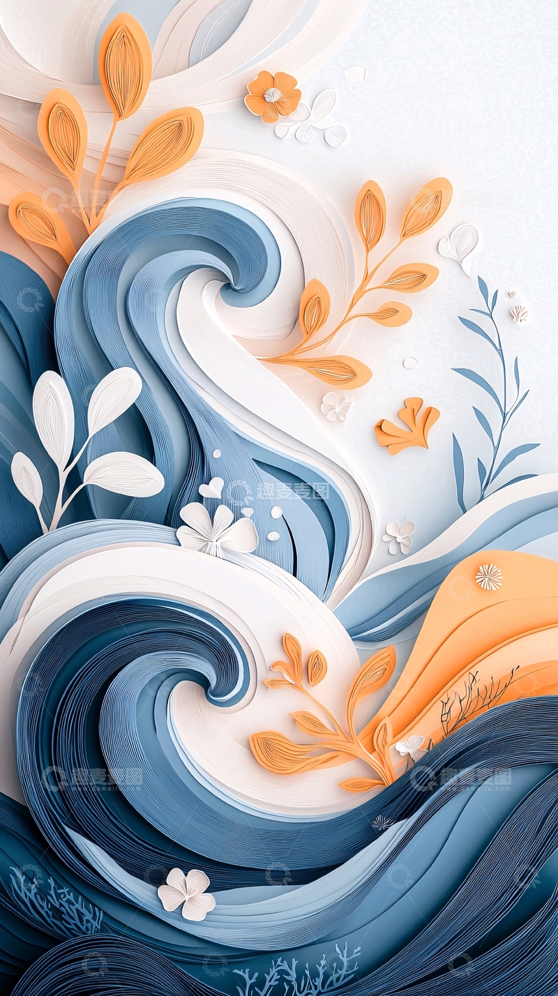 高清大图下载【趣麦麦图】蓝色波浪与橙色花朵
