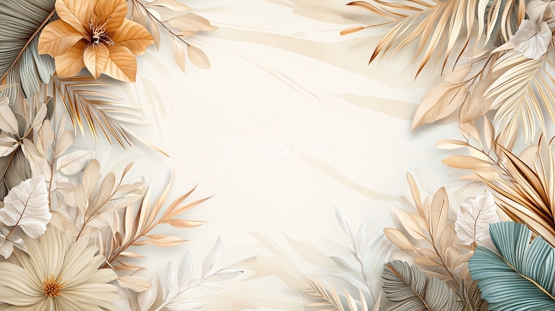 高清大图下载【趣麦麦图】米色花朵和棕榈叶背景