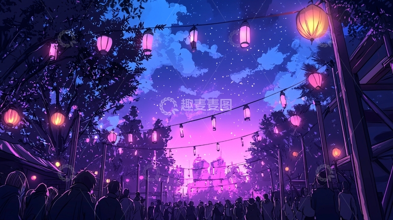 高清大图下载【趣麦麦图】紫色星空下的灯笼节