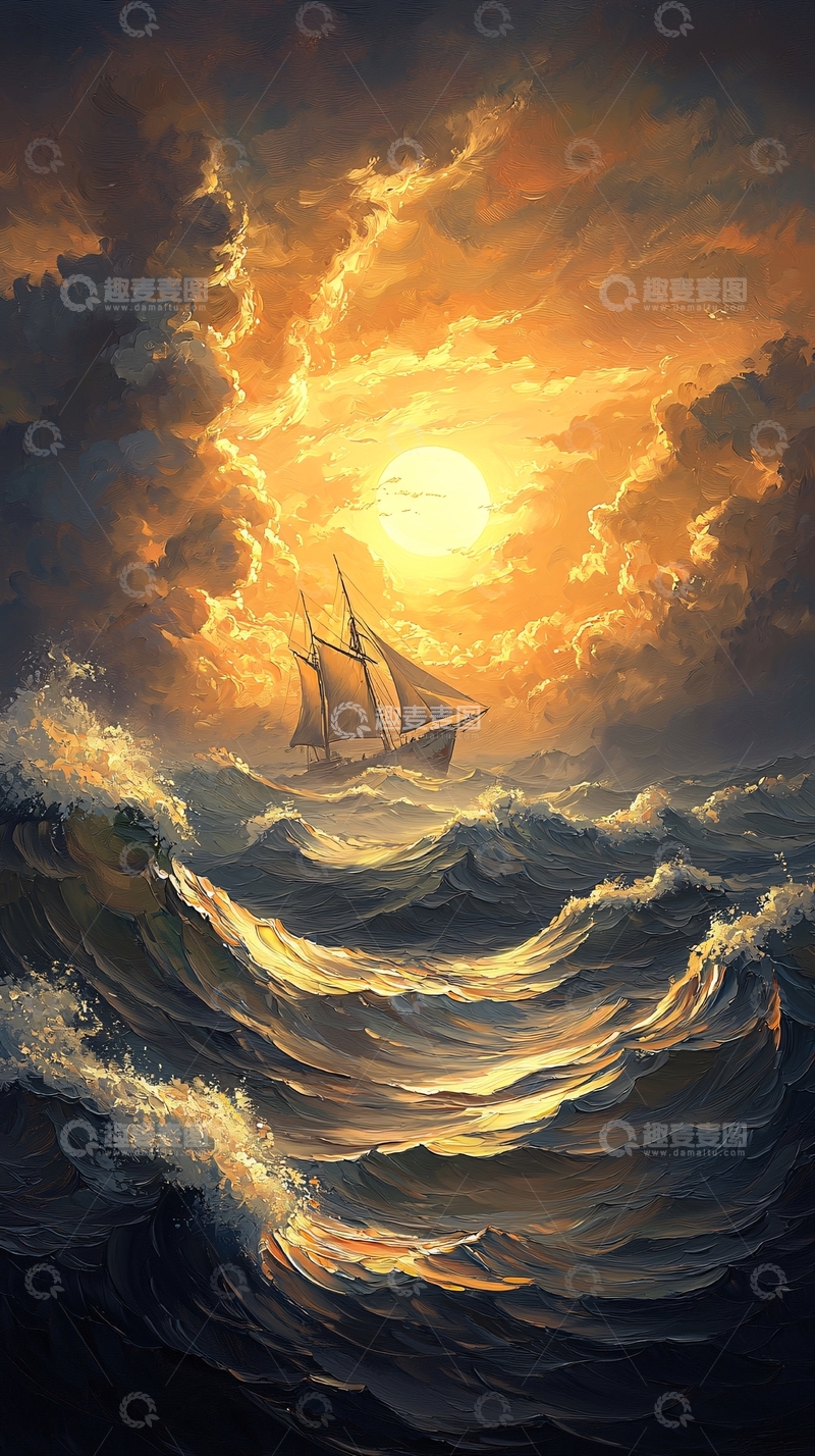 高清大图下载【趣麦麦图】金色阳光下的航船