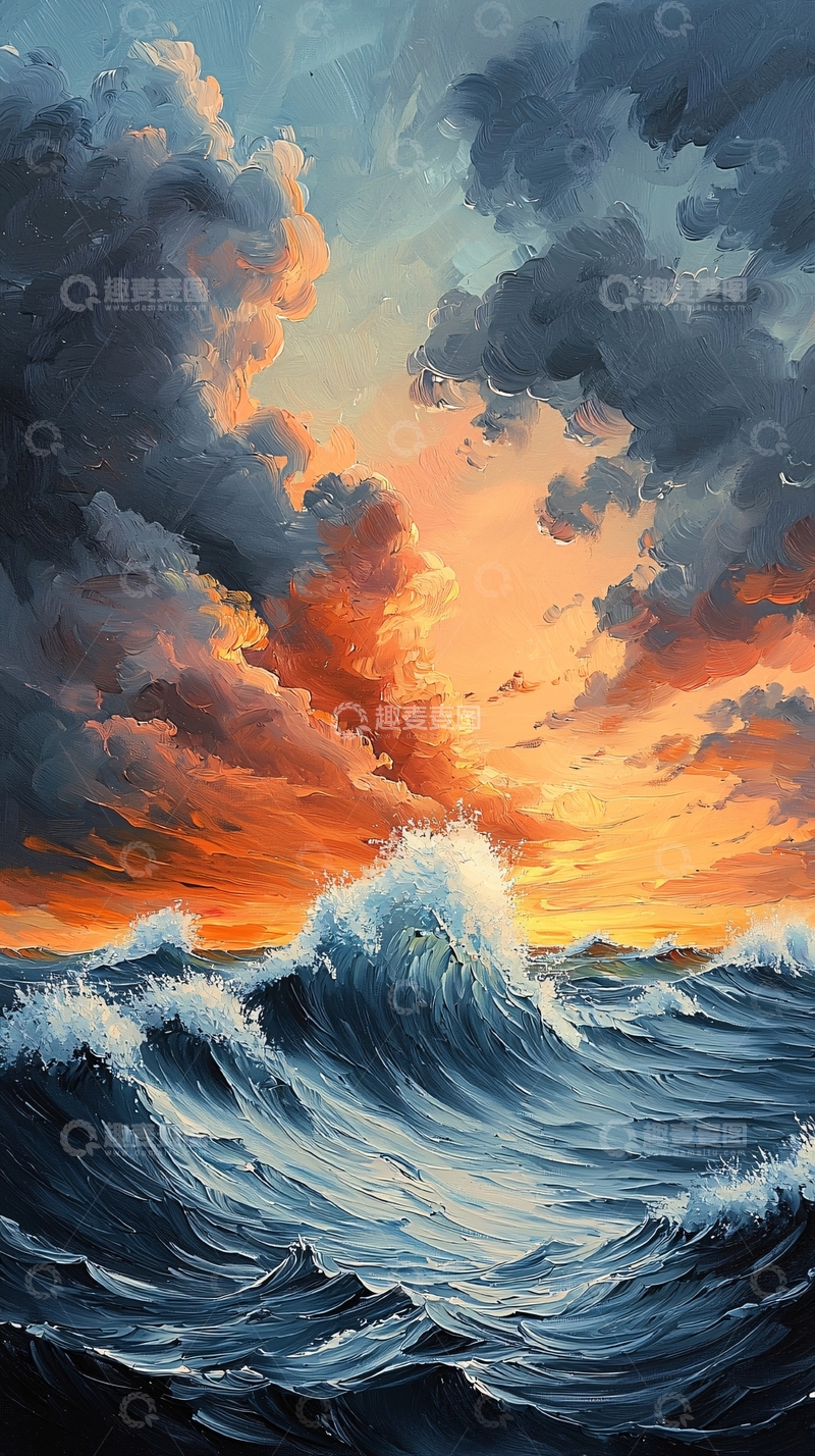 高清大图下载【趣麦麦图】波涛汹涌的日落海景