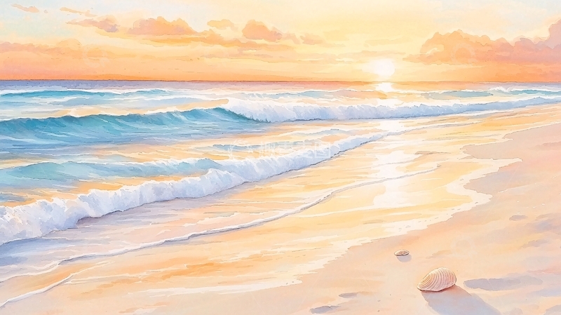 高清大图下载【趣麦麦图】海滩日落金色阳光海水