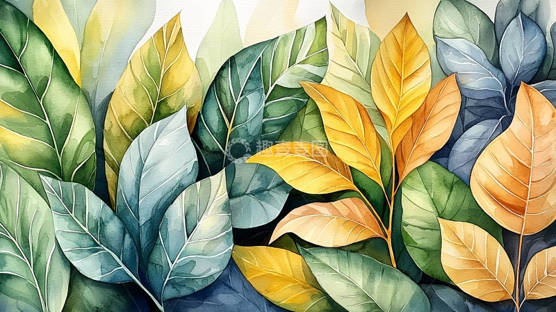 高清大图下载【趣麦麦图】彩色树叶的水彩画