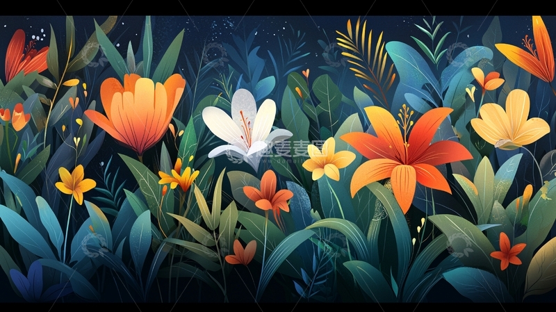 高清大图下载【趣麦麦图】热带植物花卉插画背景