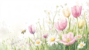 水彩花卉草地蜜蜂