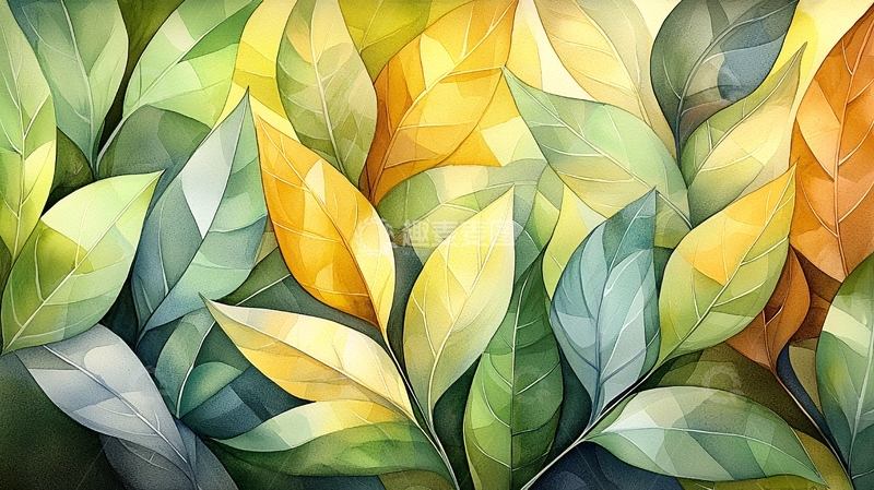 高清大图下载【趣麦麦图】彩色树叶的水彩画