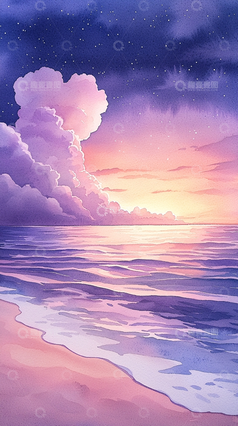 高清大图下载【趣麦麦图】粉色天空下的宁静海面