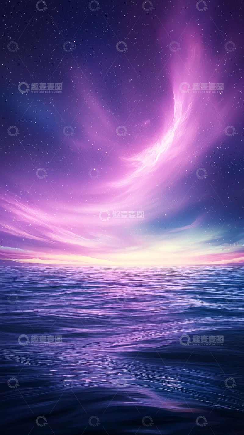 高清大图下载【趣麦麦图】紫色星空下的平静海面