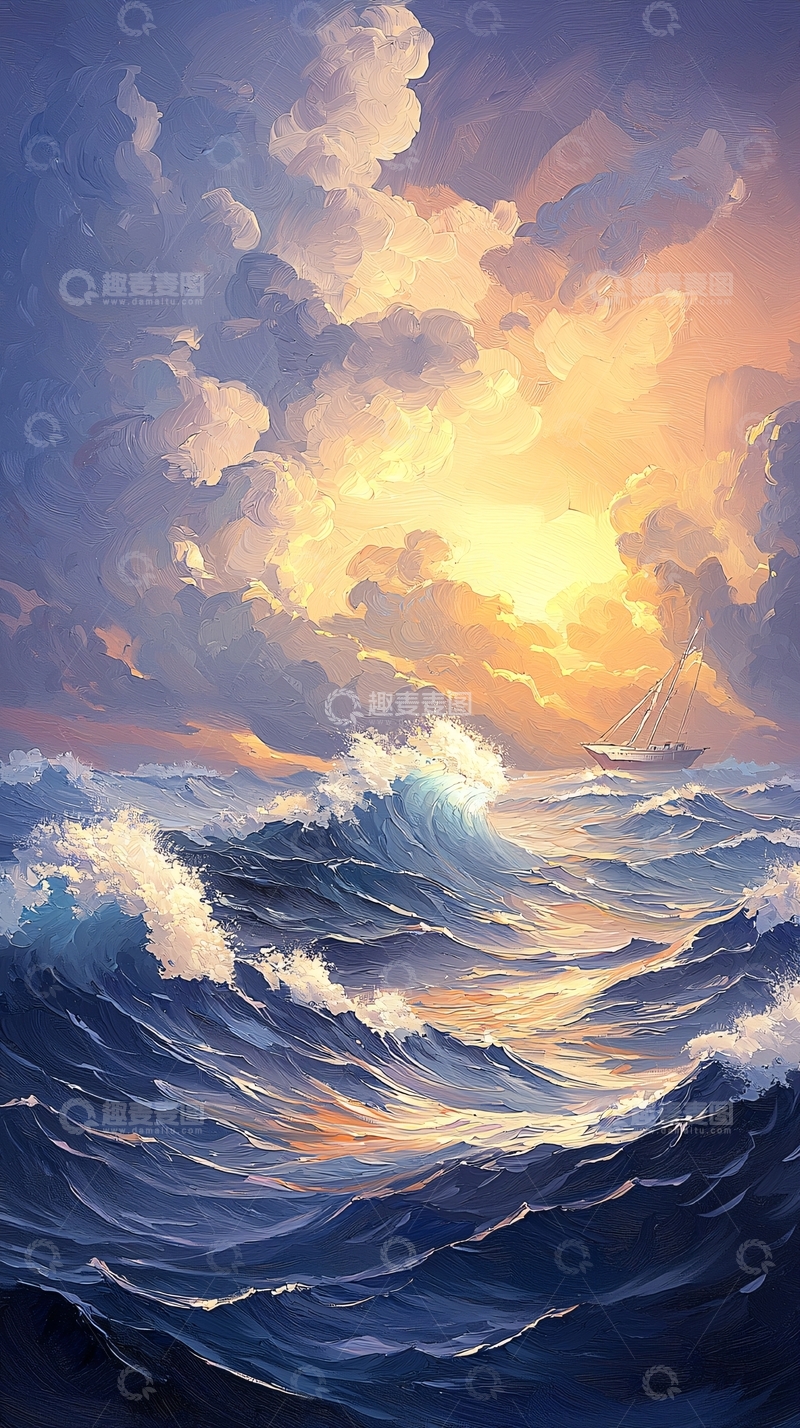高清大图下载【趣麦麦图】波涛汹涌的日落海景