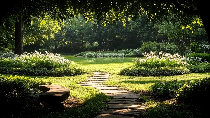 高清大图下载【趣麦麦图】宁静花园的石板路
