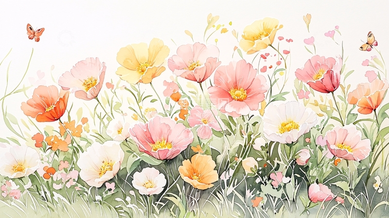 高清大图下载【趣麦麦图】水彩花卉蝴蝶清新背景