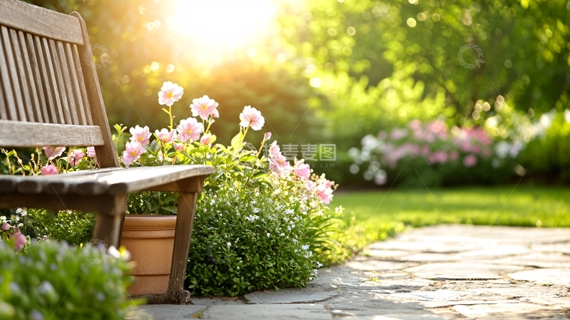 高清大图下载【趣麦麦图】阳光明媚的花园长椅