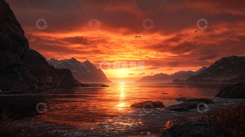 高清大图下载【趣麦麦图】夕阳下的峡湾美景