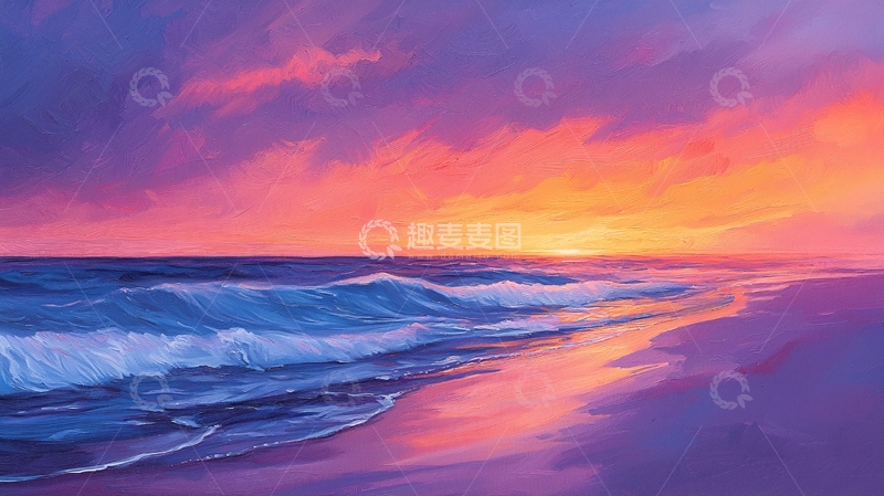 高清大图下载【趣麦麦图】唯美紫色海边日落景象