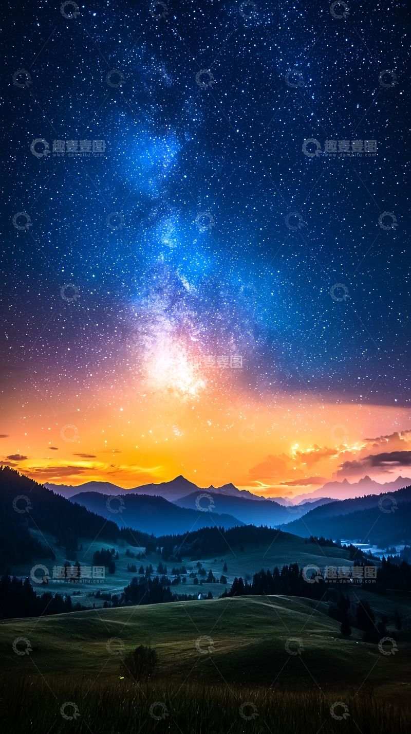 高清大图下载【趣麦麦图】壮丽星空下的山景