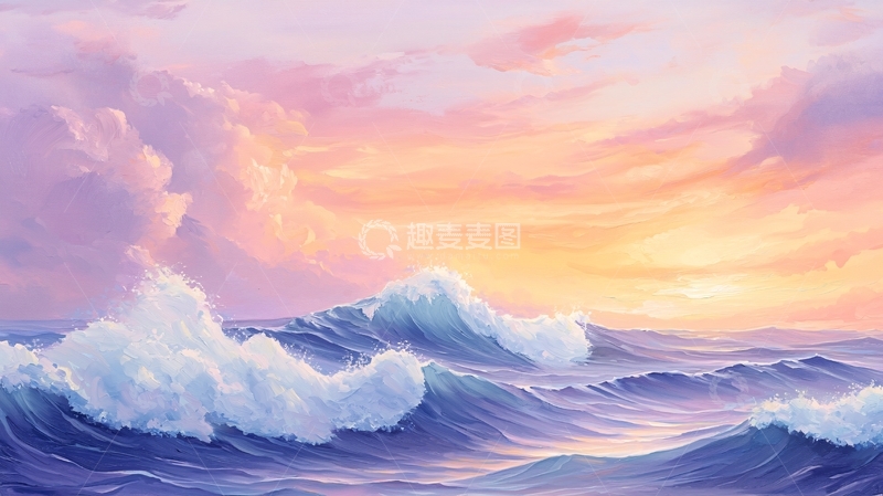 高清大图下载【趣麦麦图】粉色天空下的波涛海浪