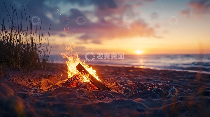 高清大图下载【趣麦麦图】海滩篝火日落晚霞美景