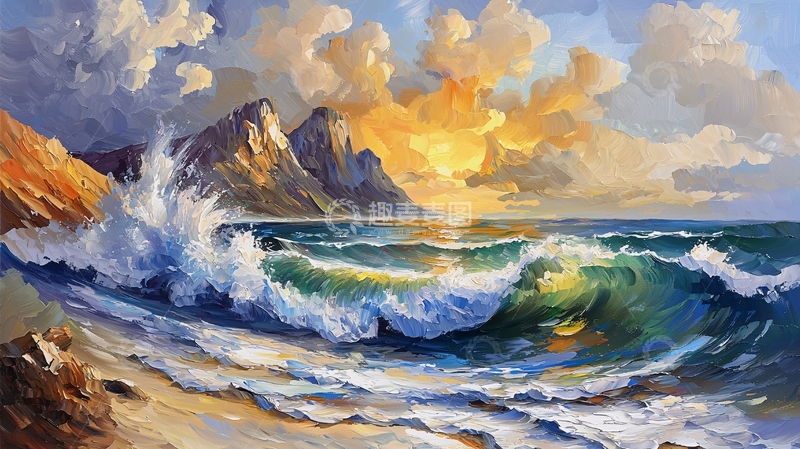 高清大图下载【趣麦麦图】波涛汹涌的海面山峦云彩
